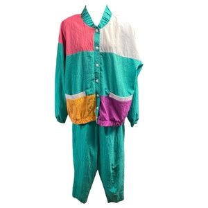 Vintage Teddi Sport Tracksuit Large Teal Multicolor Colorblock 90s Retro USA